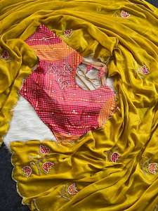 Nouvelle collection festive de sari en soie Rangoli avec broderie florale et bordure fantaisie faite à la main - Product Image 2