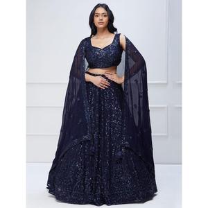 Belle bleu marine paillettes Georgette fiançailles porter Lehenga Choli - Product Image 2