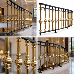 Rampe en laiton courbée avec balustres en forme de globe et accents de cadre noir, main courante et balustrade en métal - Product Image 5