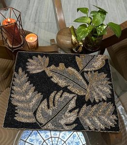 Embroidered leaf Pattern <b>Table</b> <b>Runner</b> Bohemian Style Black Gold Home Decor Washable - Product Image 1