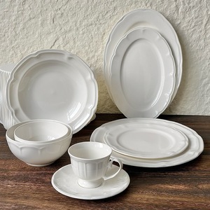 Elegant White Porcelain Oval Plates Bowls Embossed Scalloped Edge Durable BPA Free Leak-Proof Dishwasher Safe Dinnerware <b>Sets</b> - Product Image 3