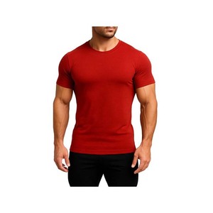 T-shirt en coton rouge à manches courtes et col rond pour homme, coupe ajustée, couleur unie, respirant, design jersey tricoté - Product Image 1