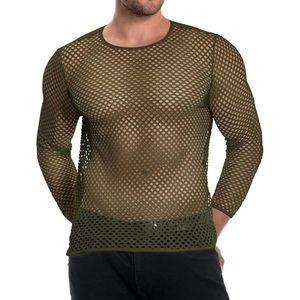 Chemise en maille filet transparente à manches longues pour homme, col rond, style streetwear - Product Image 1