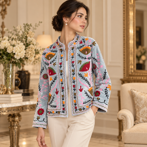 Veste en velours bleu glace brodée de fleurs pour femmes |   Vêtement d'extérieur ethnique bohème avec manches longues et col décoratif - Product Image 2