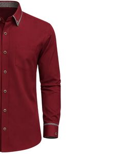 Camisa de Vestir Personalizada para Hombre, Color Borgoña, Corte Entallado, Manga Larga, Cierre de Botones, Formal, Informal, para Oficina, Mezcla de Algodón, Cuello en Contraste, OEM - Product Image 3