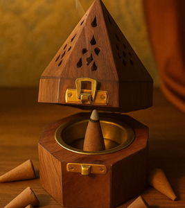 Quemador de Incienso de Madera Hecho a Mano con Forma de Pirámide Loban Dan con Cierre de Latón |   Soporte para Dhoop e Incienso - Product Image 1
