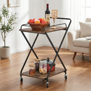 Modern 2 Tier Wooden Kitchen Cart With Metal Frame <b>Portable</b> <b>Bar</b> Cart For Home Storage And Serving - Product Image 4