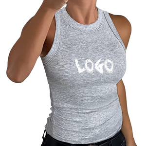 Camiseta sin mangas para mujer, estilo racerback, cuello alto, personalizada, acanalada, ajustada, tipo chaleco de verano, corte slim, deportiva, lisa, gris, camiseta sin mangas acanalada para mujer - Product Image 2
