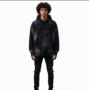 Sweat à capuche en molleton délavé avec strass, personnalisable en gros (ODM), 100% coton, tissu de qualité supérieure pour un style décontracté urbain, unisexe - Product Image 5