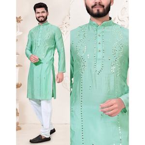 CRÉATEUR VISCOSE MIROIR TRAVAIL HOMME KURTA AVEC PAYJAMA VERT MER - Product Image 1