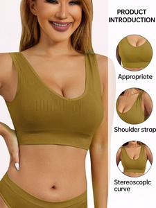 Ladies Deep V <b>Neck</b> Seamless Athletic Crop Top Wide Band Fitness Bra Soft <b>Padding</b> Daily Workout Vest Wholesale Supply - Product Image 1