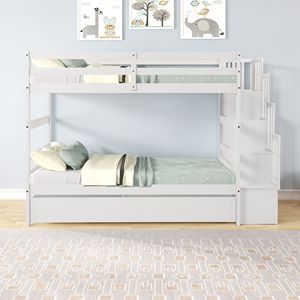 Letti a castello bianchi con due letti singoli, letto estraibile e funzione di contenimento sotto la scala per bambini - Product Image 5