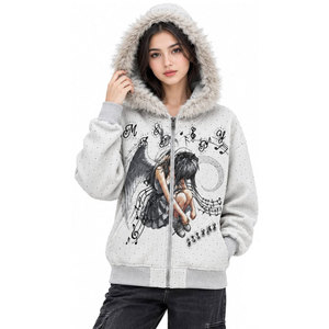 Sweat-shirt à capuche zippé pour femme avec imprimé personnalisé, capuche en fausse fourrure, veste d'hiver décontractée, tricot en polyester, manches longues - Product Image 2