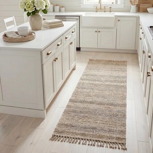 Tapis de cuisine rectangulaire en jute style ferme, à rayures, tissage plat, antidérapant, en fibres naturelles, à poils fins - Product Image 1