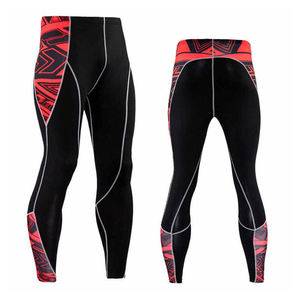 Ensemble de vêtements de sport pour homme, t-shirt à manches longues et leggings longs, couleur unie noir/rouge, antibactérien, spandex, taille élastique - Product Image 2