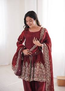 Women Embroidered Heavy Two Tone Fandy Silk Salwar Kameez Set Velvet Dupatta Traditional Indian Pakistani Graduation Diwali - Product Image 2