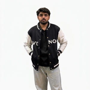 <b>Mens</b> Black and White Varsity <b>Jacket</b> with Letter Print Snap Button Closure <b>Casual</b> Autumn Coat - Product Image 3