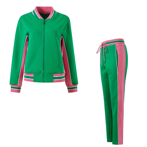 ชุดวอร์มลำลองสีเขียวชมพูแบบมีซิปเต็มตัว แจ็คเก็ตบอมเบอร์ผ้าฟลีซทรงวาร์ซิตี้ กางเกงจ็อกเกอร์ทรงสอบเข้ารูป ผ้าฝ้าย 100% ให้ความอบอุ่นและสวมใส่สบาย - Product Image 1