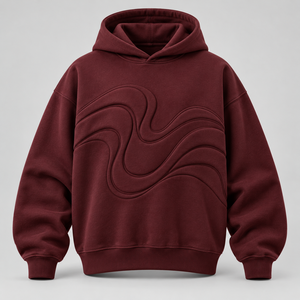 Sweat-shirt à capuche 3D Wave en molleton de coton bordeaux, texturé ton sur ton, à épaules tombantes, design personnalisé, vente en gros, streetwear unisexe - Product Image 1