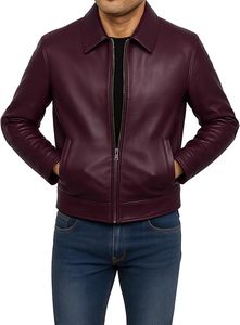 <b>Men's</b> Burgundy PU Leather Bomber <b>Jacket</b> Slim Fit Zip-Up Classic Casual Autumn/Winter Outerwear - Product Image 5