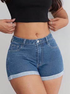 Shorts en jean taille haute pour femme, couleur unie, en coton délavé, décontractés, pour l'été, avec fermeture boutonnée, coupe classique - Product Image 1