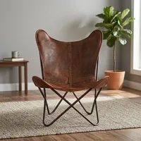 Fauteuil papillon en cuir avec pieds en métal, fait main, style mid-century modern, pour salon
