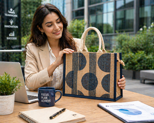 Sac fourre-tout en jute imprimé géométrique avec fermeture éclair, écologique, cadeau d'entreprise, sac de shopping réutilisable, logo personnalisé - Product Image 4