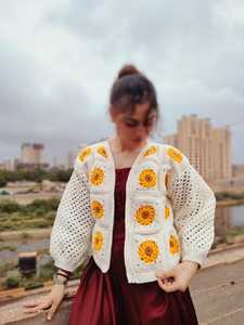 Women's <b>White</b> Crocheted <b>Cardigan</b> With Yellow Sunflower Appliques Puff Sleeve Bohemian Spring Open Front <b>Knit</b> Sweater - Product Image 1
