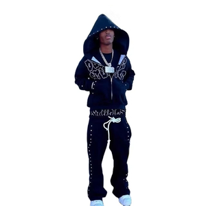 Ensemble de survêtements vintage pour hommes en molleton bouclette à strass, séchage rapide, style délavé à l'acide, avec pantalon évasé et sweat à capuche – Vente en gros - Product Image 4