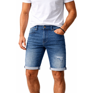 Shorts de Mezclilla Azul Claro para Hombre, Shorts Casuales de Verano, Corte Ajustado, Lavados, Elásticos, de Algodón, Largura hasta la Rodilla - Product Image 1
