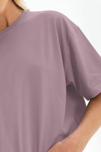 T-shirt ample à col rond pour femme en coton tricoté 100 %, couleur unie, coupe ample, manches courtes, respirant, style printemps-été, OEM - Product Image 2