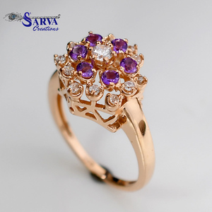 Rose Gold Plated <b>Amethyst</b> 925 Sterling <b>Silver</b> Cluster <b>Ring</b> Round Brilliant Cut Gemstone Flower Design Women's Romantic <b>Ring</b> - Product Image 1