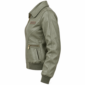 Chaqueta de Cuero Genuino Color Verde Salvia para Mujer, Estilo Vintage A2, Cuello Camisero, Dobladillo Acanalado, Darkry Factory Vendor - Product Image 4