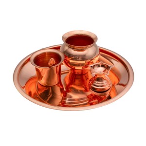 Ensemble de thali en cuivre pur fait main pour les rituels hindous, accessoires traditionnels pour les temples et les mandirs, comprend un kalash, un diya et une assiette - Product Image 1