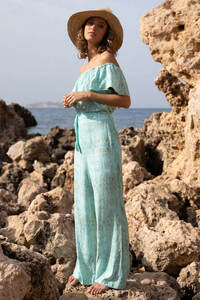 จั๊มสูทผู้หญิงแบบเปิดไหล่ แต่งระบาย ขากว้าง แขนกุด ทรงหลวม สไตล์โบโฮ ลำลอง ใส่สบายสำหรับฤดูร้อน - Product Image 2