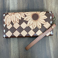 Portefeuille long à poignet en cuir à carreaux fait main de luxe avec protection RFID, nouveau design floral pour femmes, élégant organiseur de cartes, pochette pour les voyages
