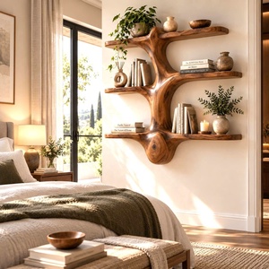 Estante de pared de madera único, hecho a mano, con múltiples estantes y cajones, librero para el hogar, oficina, sala de estudio y sala de estar. - Product Image 1