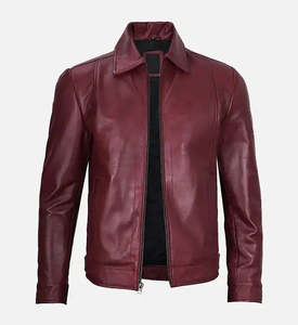 Veste en cuir de mouton véritable de qualité supérieure pour hommes, rouge vin, coupe ajustée, style motard, décontractée, classique, avec fermeture éclair - Product Image 2