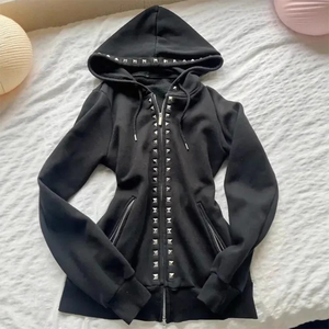 Sweat-shirt noir à capuche avec fermeture éclair et rivets, coupe slim, style punk, vêtement d'automne unisexe - Product Image 1
