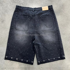 Shorts en jean vintage personnalisables pour hommes, délavés, ornés de strass, coupe ample, style streetwear, taille mi-haute, respirants, tricotés, service OEM - Product Image 2