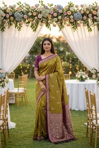 Sari indien traditionnel en soie Banarasi pour femmes, avec bordure en soie, longueur au sol, tissage Banarasi, tenue de soirée - Product Image 3