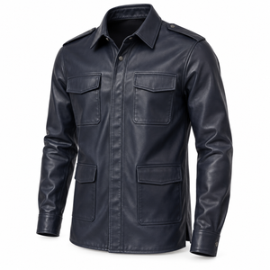 Veste chemise de terrain en cuir bleu marine premium pour homme, manches longues, quatre poches utilitaires sur le devant, épaulettes aux épaules, fermeture boutonnée, élégante - Product Image 1