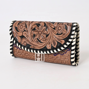 Portefeuille à trois volets en cuir de vachette vintage pour femme, avec décorations florales, doublure en coton, blocage RFID - Product Image 3