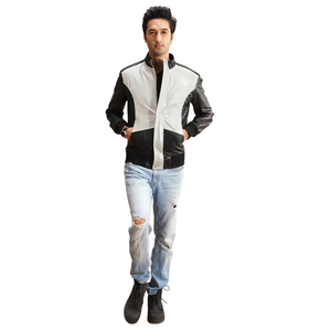 <b>Men</b>’s <b>Black</b> and White Genuine Leather Racer <b>Jacket</b> Two Tone Color Block Stand Collar Full Zip Casual Outerwear - Product Image 3
