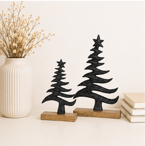Wholesale Minimalist Black Metal Christmas <b>Tree</b> Sculpture With Mango Wood Base Modern <b>Tabletop</b> Holiday Decoration For Living - Product Image 2