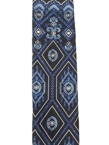 Tissu en coton noir de jais en gros avec broderie géométrique losanges bleu roi, bleu ciel et blanc et bordure pour vêtements - Product Image 5