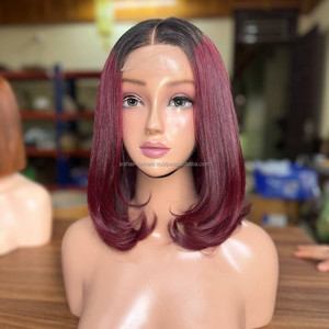 Vietnamese Human Hair Lace <b>Front</b> <b>Wig</b> Medium Length Dark Root Burgundy Color Swiss Lace Base With Baby Hair For Women - Product Image 2