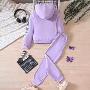 Survêtement pour filles à imprimé papillon violet, manches longues, col rond, coupe ample, décontracté, avec taille élastique et design décoratif sur le côté - Product Image 3