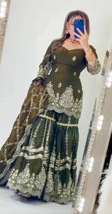 Fandy Crush Silk 5mm Sequin <b>Embroidered</b> Short <b>Tunic</b> Flared Sharara Matching Scarf 3 Piece Stitched Set MW 1297 - Product Image 1