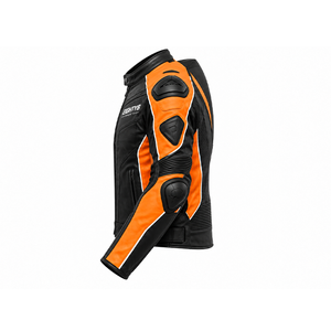 Chaqueta de motociclismo de cuero negra y naranja personalizada para hombre con armadura en hombros y codos y respaldo aerodinámico. - Product Image 4